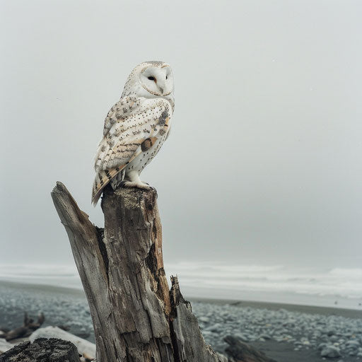 White owl perched on driftwood by misty coastline
