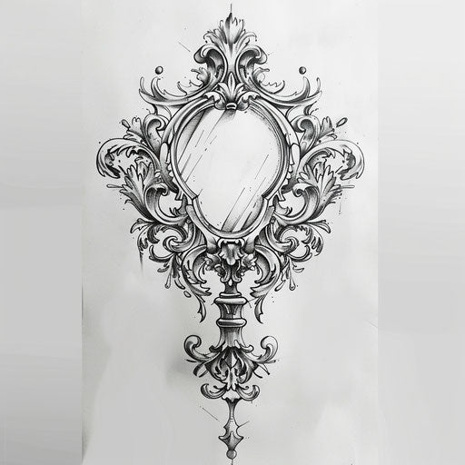 Elegant flat tattoo sketch of an ornate hand-held barber mirror