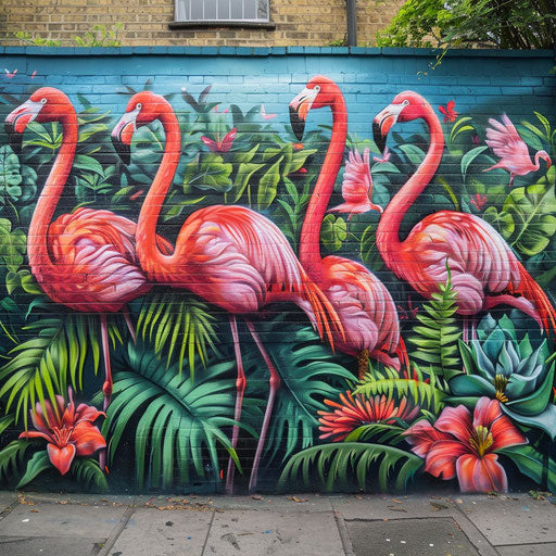 Flamingo mural in urban jungle