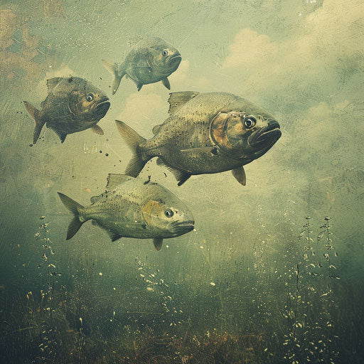 Piranha fish in a serene and poetic underwater landscape