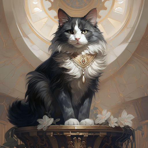 Grey cat on scratching tower, soft and dreamy style