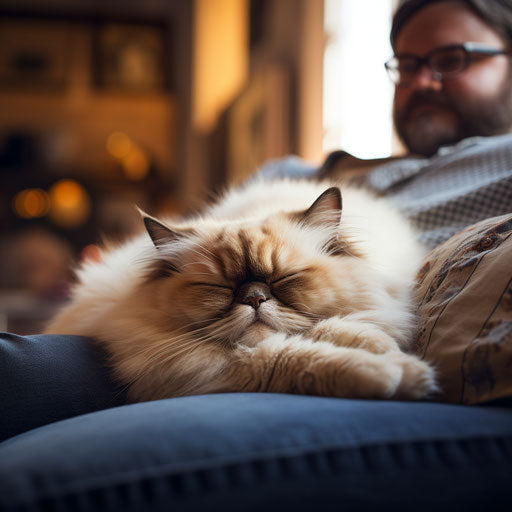 Himalayan cat asleep on a couch with its owner