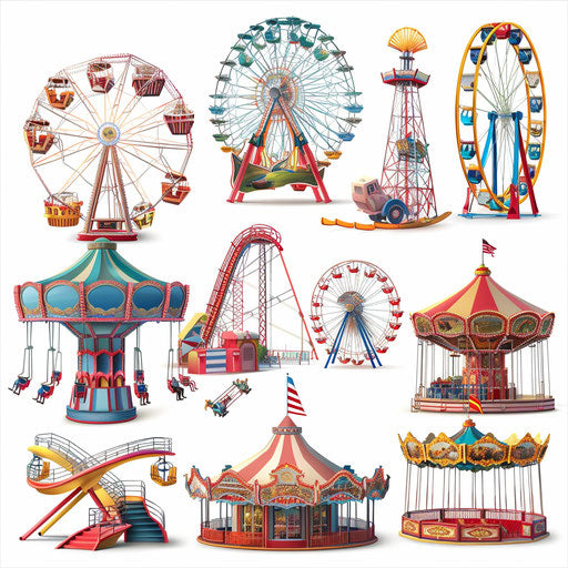 Realistic amusement park clipart on a flat white background