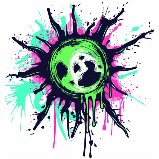 Dynamic tattoo sketch of a rising sun with splashes of neon green and pink in a clipart style