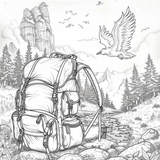 Whimsical backpack soaring through a fantasy landscape