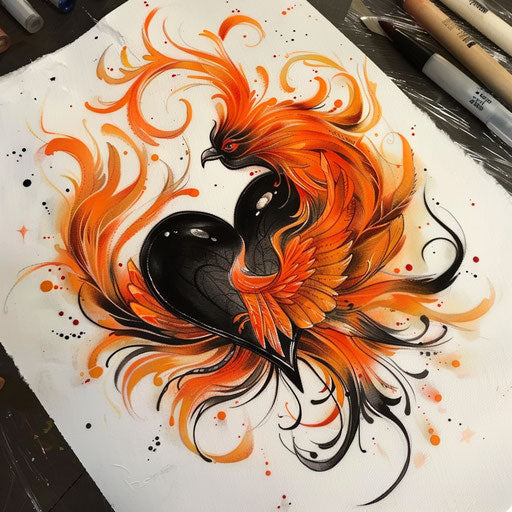 Black heart surrounded by fiery phoenix in vibrant orange