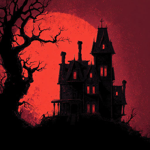 Dark Haunted House with Menacing Red Lights