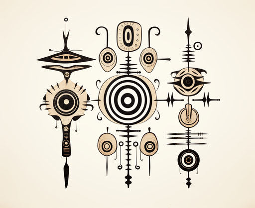 Karma symbol on white background with tribal, stipple style, distorted and elongated forms, squeak carnwath