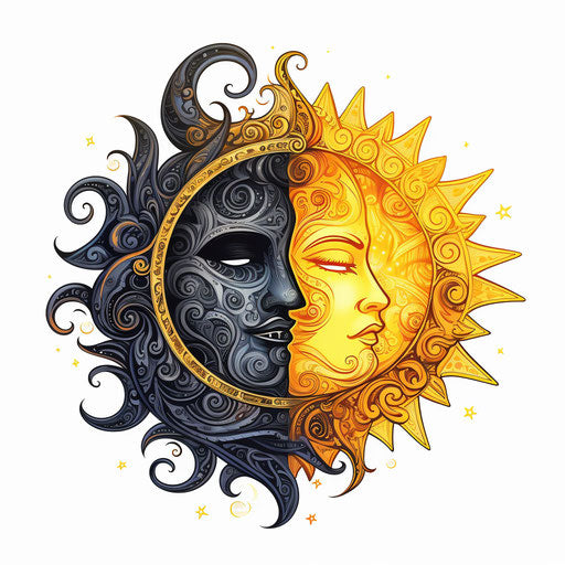 Chiaroscuro Art: sun and moon clipart on white background