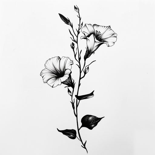 High-contrast morning glory tattoo sketch in black and white