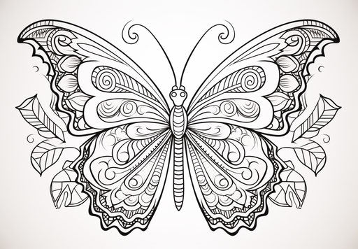 Butterfly coloring page with intricate animal imagery, expansive