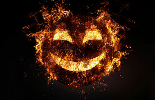 Smiling face with flames on black background, in the style of flickr, mcdonaldpunk, wiccan 17:11