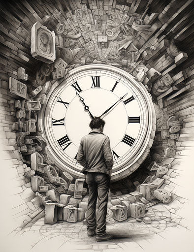 the broken clock tattoo with a circle of clocks, in the style of creased pencil sketch