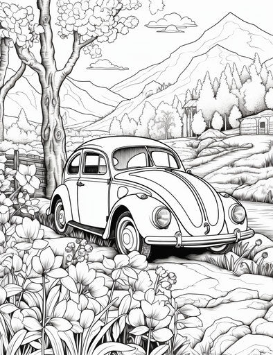 Beetle and car in a little patch of wildness coloring pages
