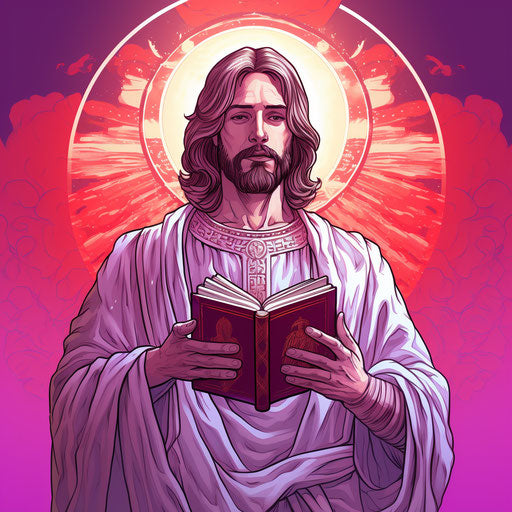 Holy Jesus Holding Bible on Silver Background