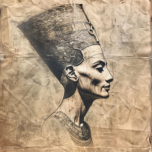 Rustic flat tattoo sketch of Nefertiti with a vintage aged parchment look