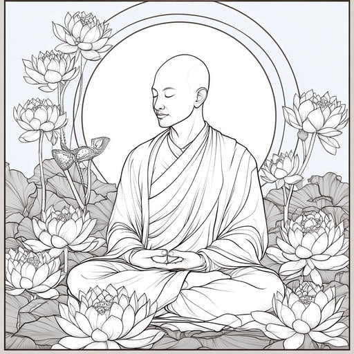 Monk meditating surrounded by lotus flowers, in the style of Jen Bartel, Coloring book page