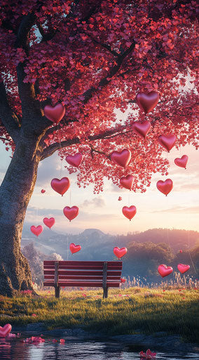 Romantic Valentine's Day scene with heart-shaped balloons