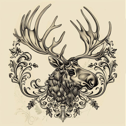 Elegant sketch of a flat moose with Art Nouveau inspired floral patterns
