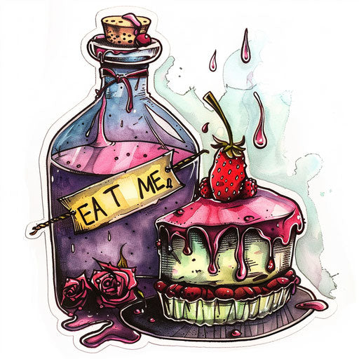 Potion bottle and cake with 'Eat Me' tag tattoo design