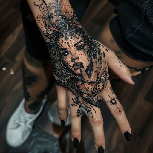Fantasy hand tattoo for women with magical elements