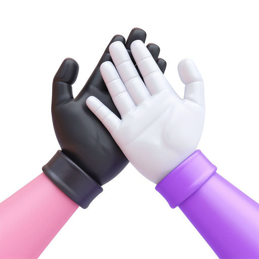 3D icon of two hands high five, one black and the other white with purple sleeve, white background, colorful