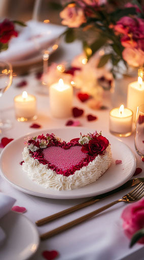 Valentine's Day table setting with heart cake and candles
