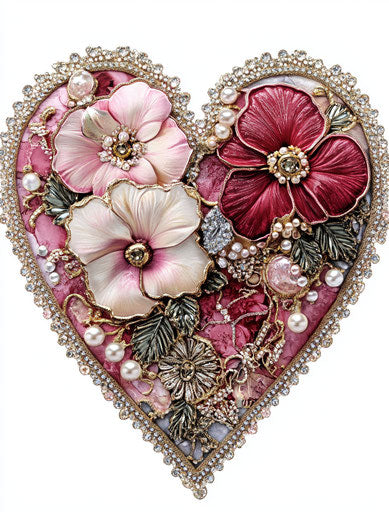 Valentine's Day heart with lace and beads, flowers in Thomas Kinkade style