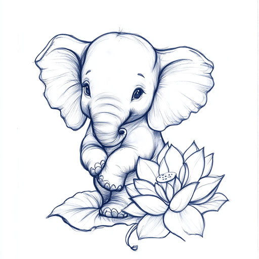 Small elephant tattoo sketch with lotus on white