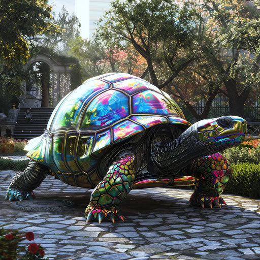 Turtle with holographic shell, shifting colors in futuristic park
