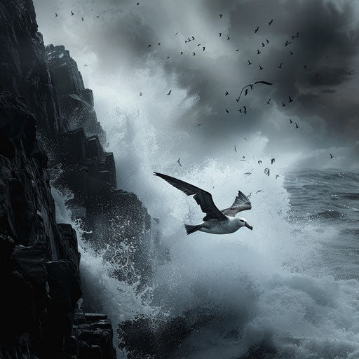 Black-footed albatross navigating through misty sea spray