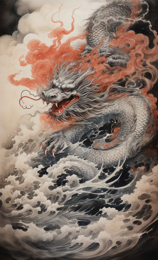Japanese dragon and fire illustration, dark silver and light red style