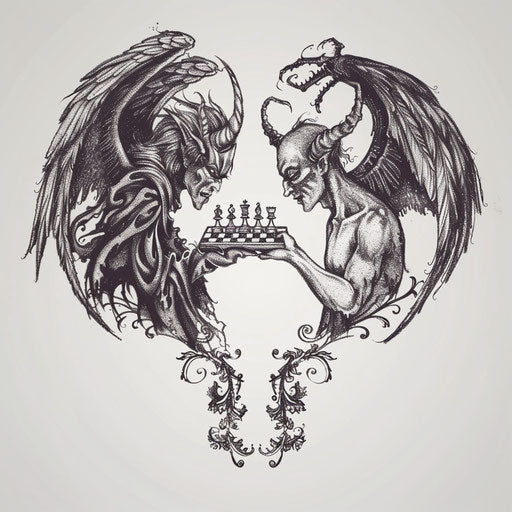 Sleek tattoo sketch in flat style featuring an angel and devil playing chess