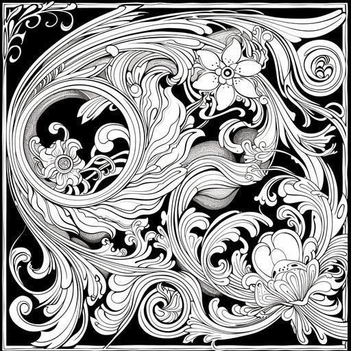 Elegant trippy designs with art nouveau motifs in the style of Megan Hess, flowing and sophisticated, Coloring book page