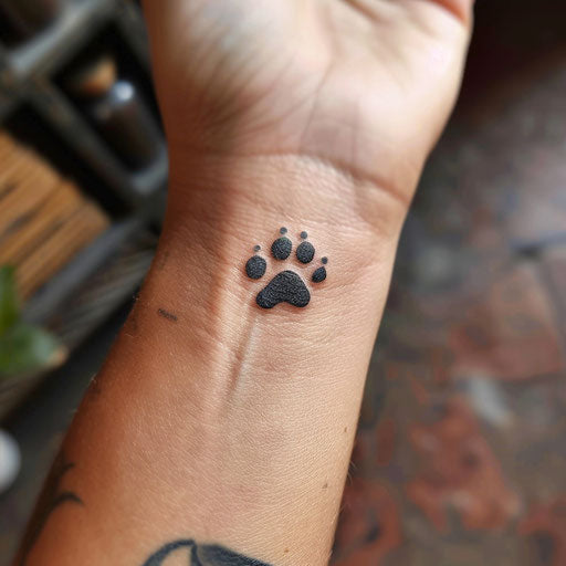 Simple tattoo of a paw print, in the style of Steve McNiven, on the wrist