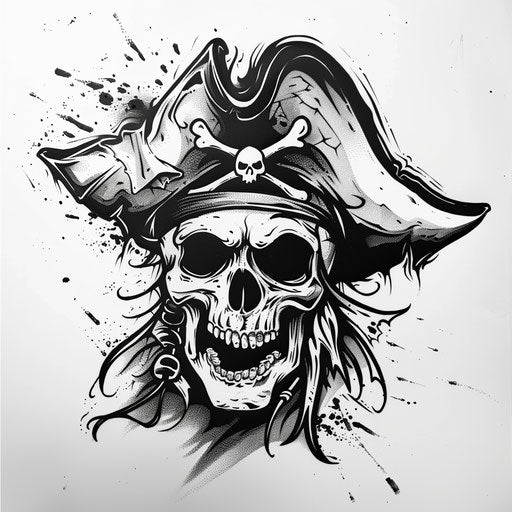 Cartoon skull with pirate hat in black and white on white