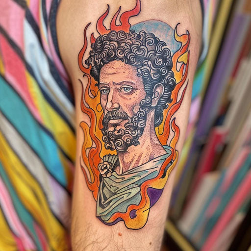 Bright flat tattoo sketch of Marcus Aurelius surrounded by flames of wisdom