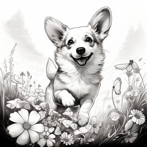 Puppy walking in the meadow coloring page black and white