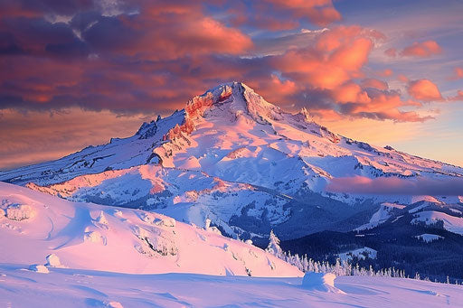Mount Hood in Oregon with snow, beauty and depth of field, gorgeous sunset, 3:2