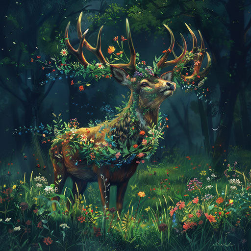 Majestic deer antlers entwined with wildflowers