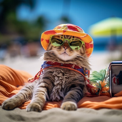Holiday cat cat at the beach, humorous imagery style