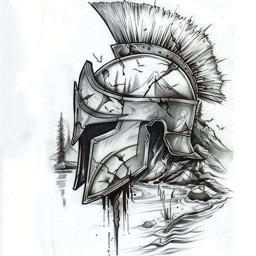 Sketch of serene spartan helmet tattoo with tranquil landscapes