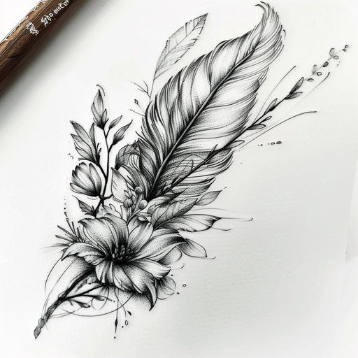 Sketch of feather tattoo with nature elements on white background
