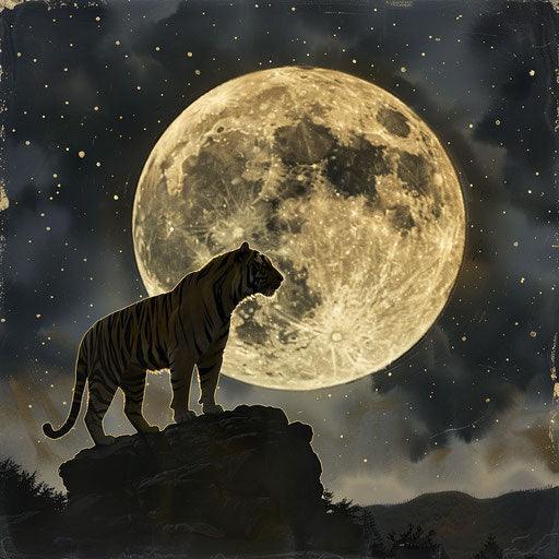 Tiger under full moon on mystical rock