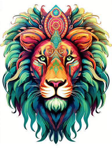 Boho-styled lion on white background, light green and dark emerald