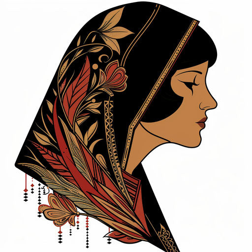 Flat tattoo sketch of a 1920s flapper hood with geometric art deco designs in retro clipart style