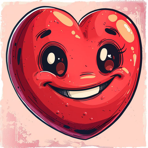 Animated cartoon of red heart character, with shiny eyes, smilecore