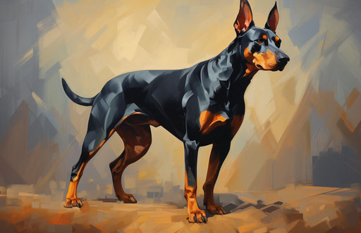 Black and tan doberman in lively movement on dark blue and orange background