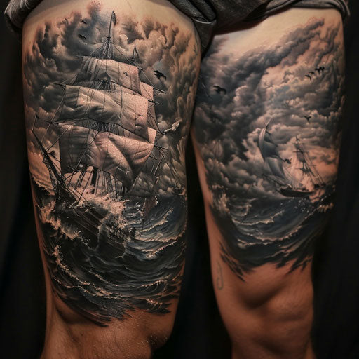 Realism tattoos of a stormy sea, J.P. Targete style, on the side