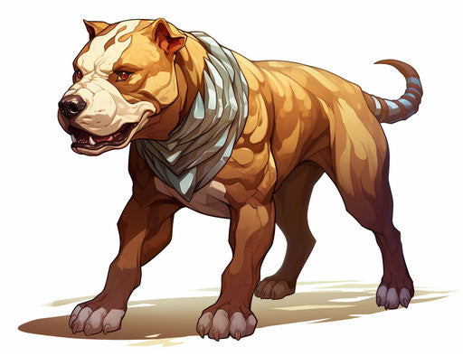 Brown and white pit bull walking, light maroon and light gold style